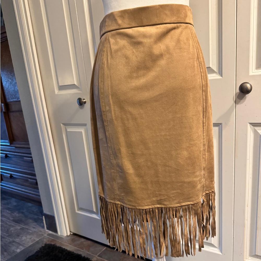 Artisan Ny Camel Pencil Skirt with Fringe Detail